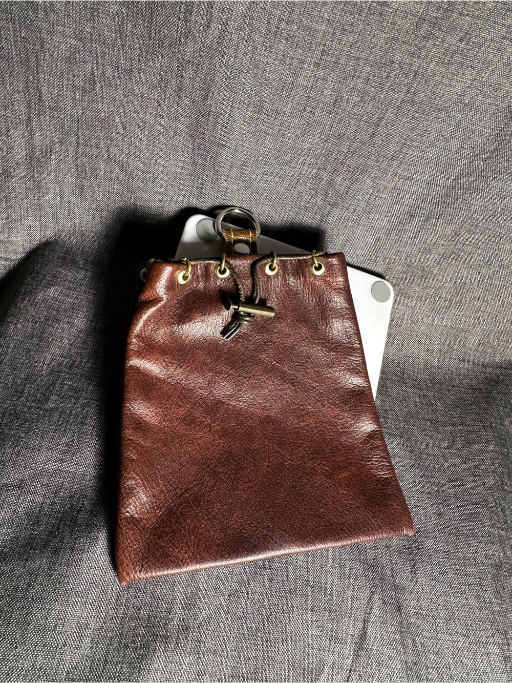 Mini Brown Leather Drawstring Women's Pouch